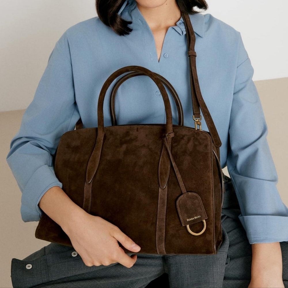 Parisa Wang Gabrielle 35 Soft Top Handle Bag Chocolate Suede NEW